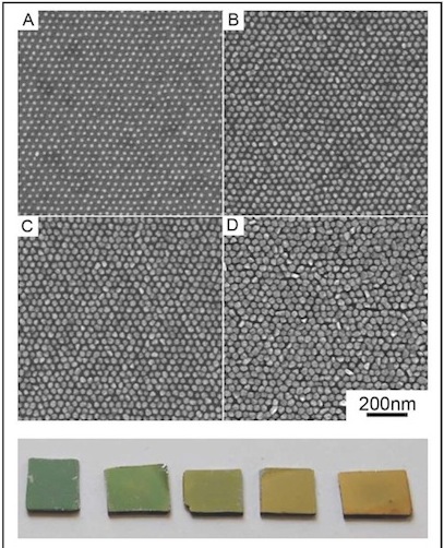 Examples of finished metamaterial surfaces: (top) SEM micrographs and (bottom) optical images of SERS substrates with varying nanoscale structure, optimized for different end-user applications.