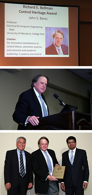 Top: Slide announcing Dr. Baras' award at the 2017 ACC. Middle: Dr. Baras gives his acceptance speech. Bottom, L-R: AACC President Prof. Glenn Masada (University of Texas at Austin), John Baras holding the award plaque, Past AACC President Prof. Tariq Samad of the University of Minnesota (formerly Corporate Fellow of Honeywell).