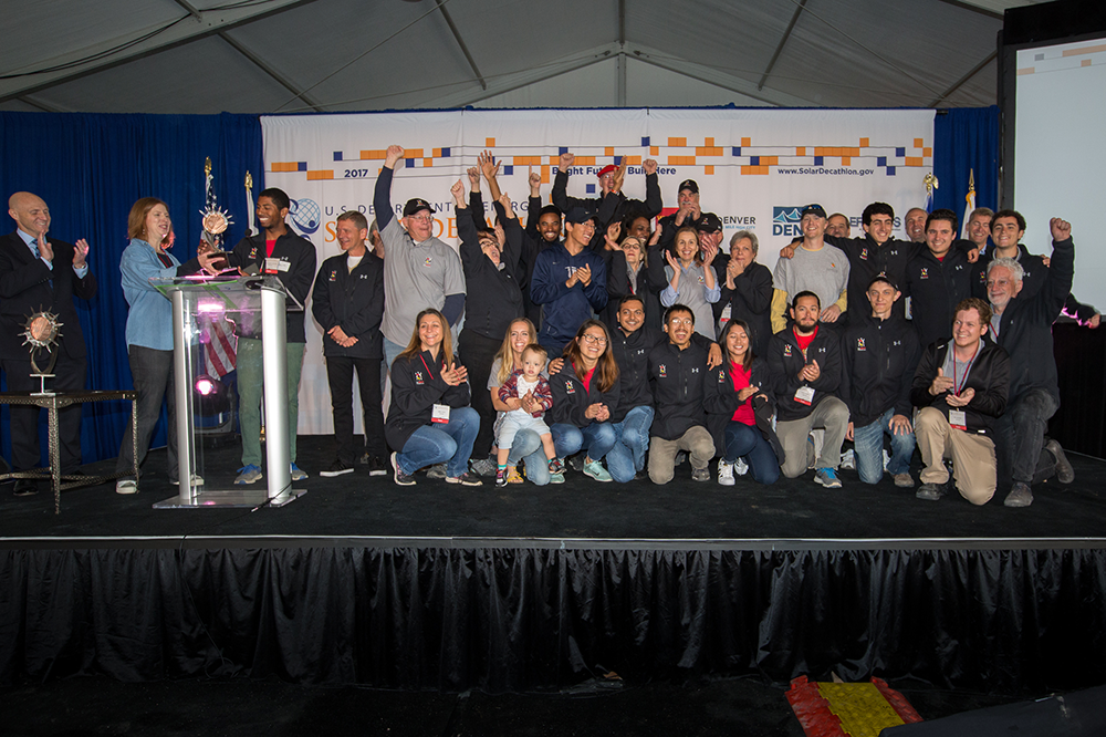 The University of Maryland team takes 2nd place overall in the 2017 U.S. Department of Energy Solar Decathlon. Credit: John De La Rosa/U.S. Department of Energy Solar Decathlon