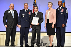 From left to right: Former Secretary of the Air Force, Whitten Peters (current Chair of the Air Force Association); Chief of Staff of the Air Force, Gen David Goldfein; Dr. Mark Lewis; Secretary of the Air Force, Dr. Heather Wilson; and Chief Master Sergeant of the Air Force, Kaleth Wright.