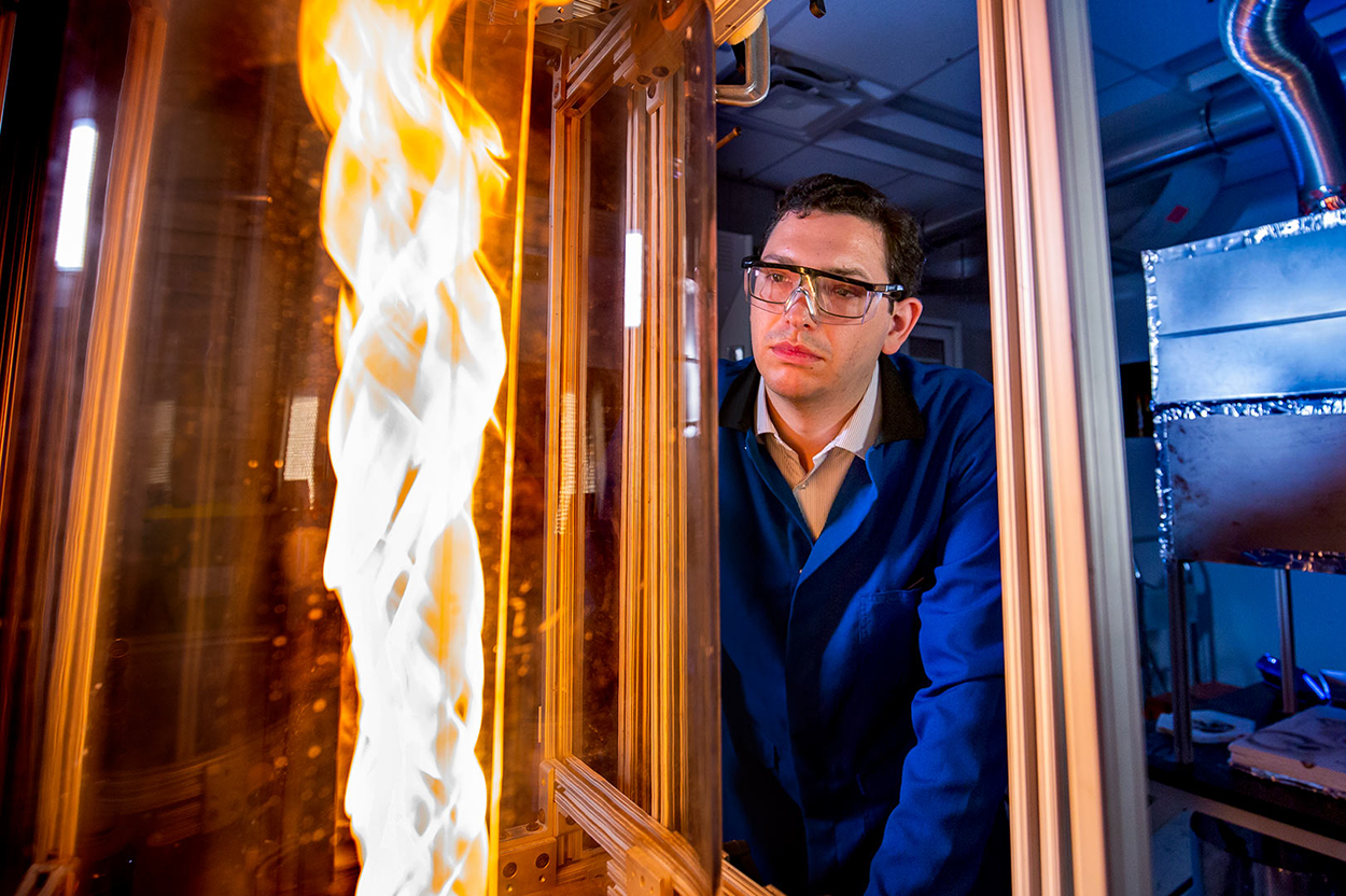 Dr. Michael Gollner examines a fire whirl. Photo: Matthew Ehrichs