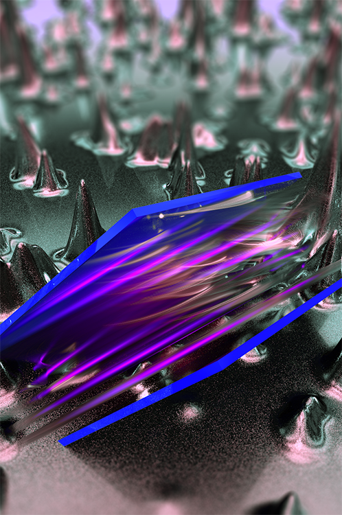 An artistic representation of a tiny force called the Casimir torque (purple streaks), which is studied by observing the interactions between two solids (blue) against a background of quantum fluctuations (silver spikes).