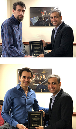 Top, Eliot Rudnick-Cohen receives the George Harhalakis Outstanding Systems Engineering Graduate Student Award. Bottom, Alireza Khaligh receives the ISR Outstanding Faculty Award.