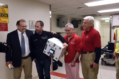 From left: Norman Wereley, chair of aerospace engineering at UMD; Joseph Scalea, transplant surgeon at the University of Maryland Medical System (UMMS); Tom Scalea, Physician-in-Chief at the University of Maryland R Adams Cowley Shock Trauma Center; Matt Scassero, director of the UMD UAS Test Site.