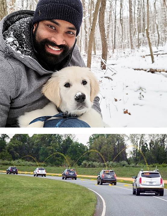 Top: Nilesh Suriyarachchi and a furry friend. Bottom: Networked vehicles image courtesy U.S. Department of Transportation