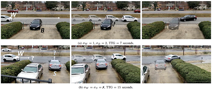 Figure 2 from the paper: Demonstrating GAMEPLAN with Human Drivers: In the top row, the driver of the white vehicle is aggressive while the driver of the black vehicle is conservative. GAMEPLAN computes a turn-based ordering that determines the black agent should yield to the white vehicle, which would pass first. The bottom row illustrates a similar scenario without game-theoretic planning. Both drivers are unsure of who should move first. In this case, both the white and silver agents stop and after a delay of 8 seconds, the more aggressive driver in the white vehicle moves first, followed by the silver vehicle.