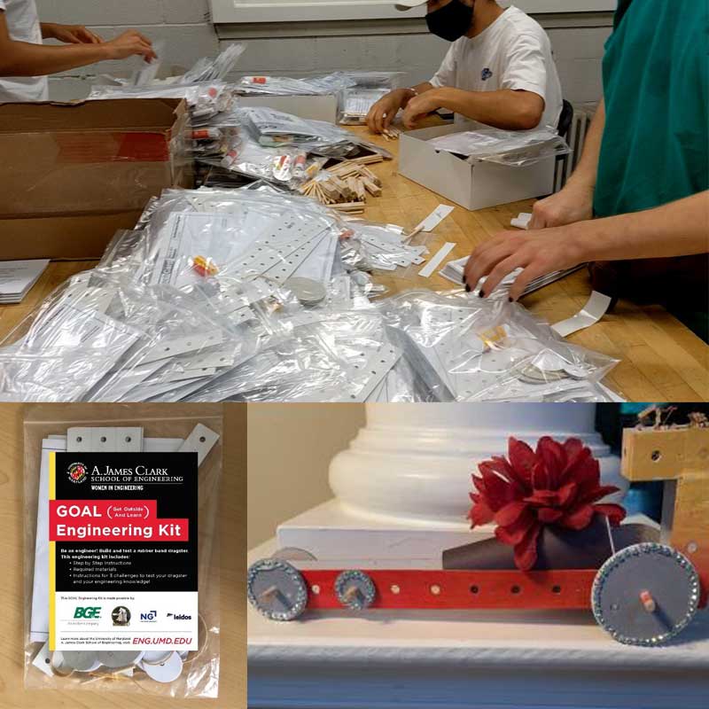 Clockwise: UMD students assembling GOAL Kits, assembled GOAL kit car, packaged GOAL kit.