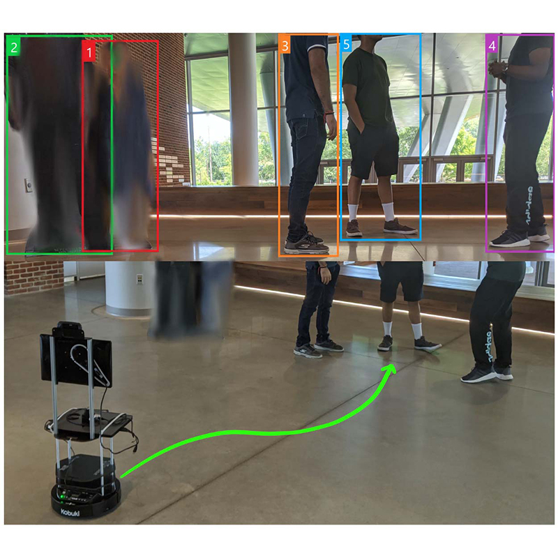 Fig. 1 from the paper: Robot detecting social distancing breaches. The robot detects non-compliance to social distancing norms, classifying non-compliant pedestrians into groups and autonomously navigating to the static group with the most people in it (a group with 3 people in this scenario). The robot encourages the non-compliant pedestrians to move apart and maintain at least 2 meters of social distance by displaying a message on the mounted screen.