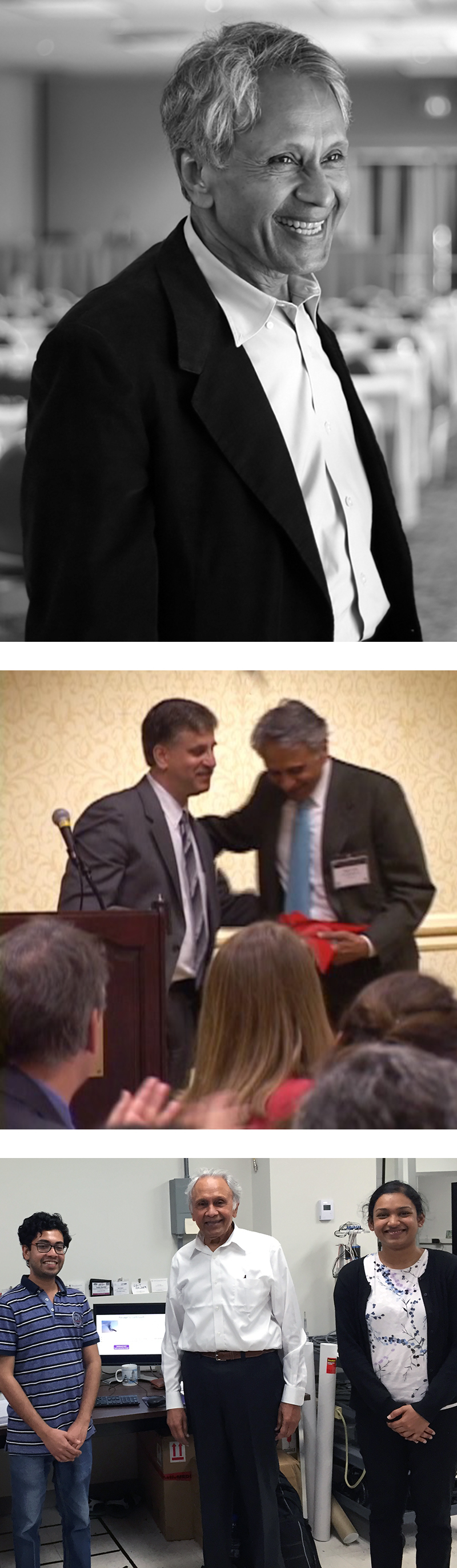 Top: Pravin Varaiya. Center: Eyad Abed with Pravin Varaiya at the 2005 Symposium honoring him. Bottom: Varaiya with then-graduate students Udit Halder (ECE Ph.D. 2019) and Vidya Raju (ECE Ph.D. 2019) in the Intelligent Servosystems Laboratory during his 2019 visit to ISR. He heard them describe work completed in their doctoral dissertations, on subjects ranging from evolutionary game theory and related controllability questions to optimal control and models of natural and synthetic flocks. Their advisor, Professor P. S. Krishnaprasad writes, “It was an inspiring occasion for the students to meet one of the great figures of the field of system science and to exchange ideas.”