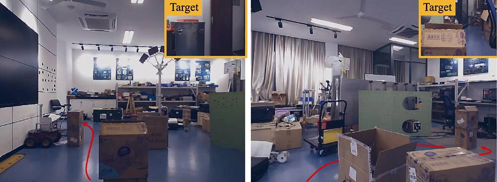 Robot image-goal navigation can be challenging. In the photo at left, the navigation target is far and out of sight of the agent. In the photo at right, to reach the navigation target, the agent is required to move around several obstacles. (Fig. 1 from the paper)