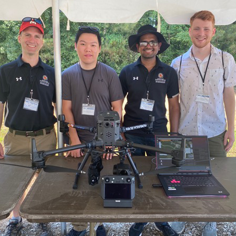 AMAV Team Members in Mississippi, from left to right: Faculty advisor Professor Derek Paley, aerospace engineering senior and pilot Qingwen Wei, fourth-year aerospace engineering Ph.D. student Animesh Shastry and recently graduated aerospace engineering B.S. student Thomas Brosh.
