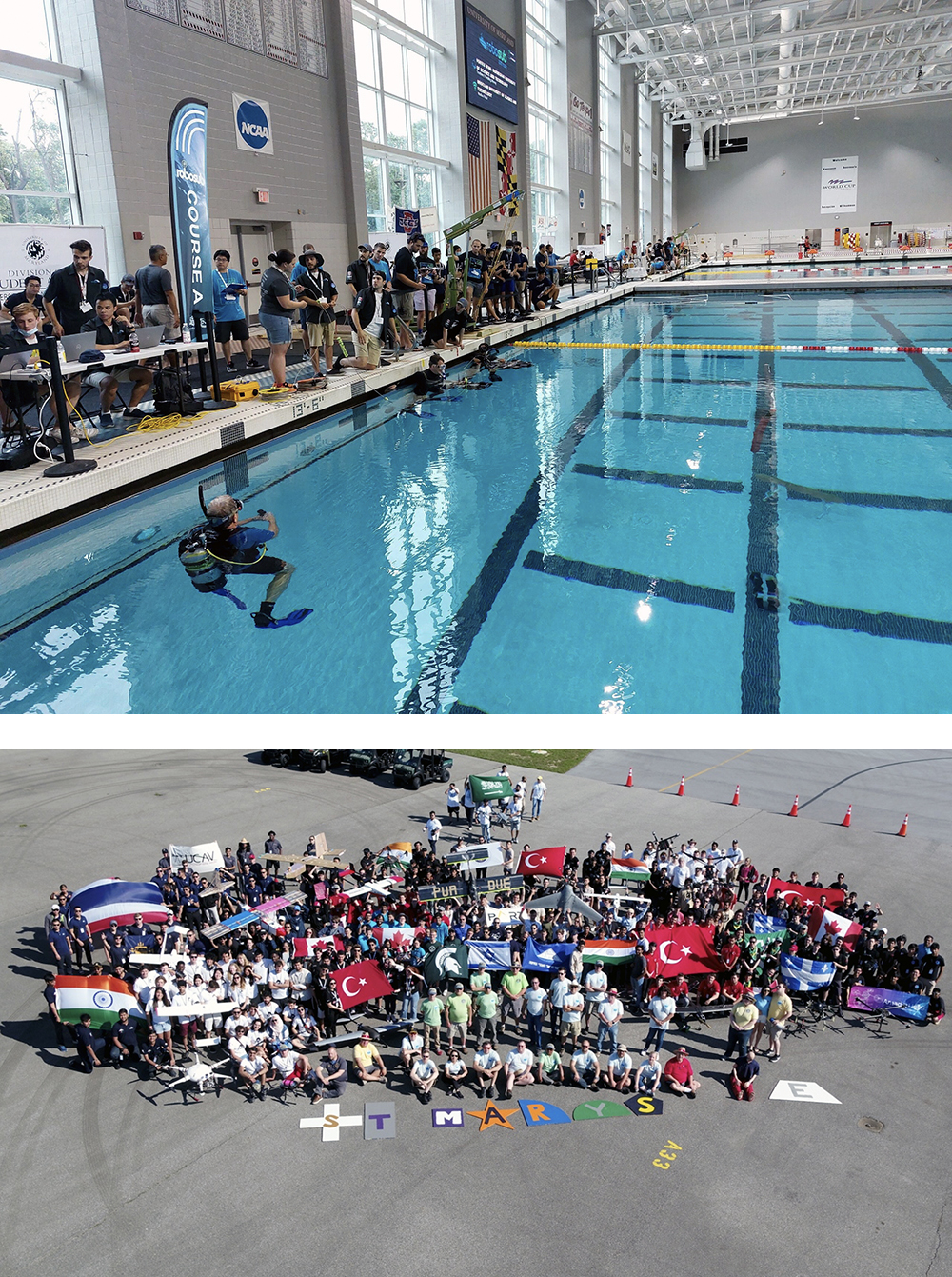 CLICK PHOTO FOR LARGER VIEWTop: Participants gather in the Eppley Aquatic Center for the 2022 RoboSub competition. Bottom: Competitors in the 2022 SUAS competition, as viewed by a UAS Test Site drone. Photo credits. Top: U.S. Navy Office of Information. Bottom: UAS Test Site.