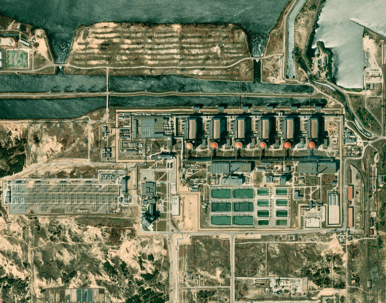Satellite view of Zaporizhzhia nuclear plant in southeastern Ukraine. Photo by Naeblys via Adobe Stock.