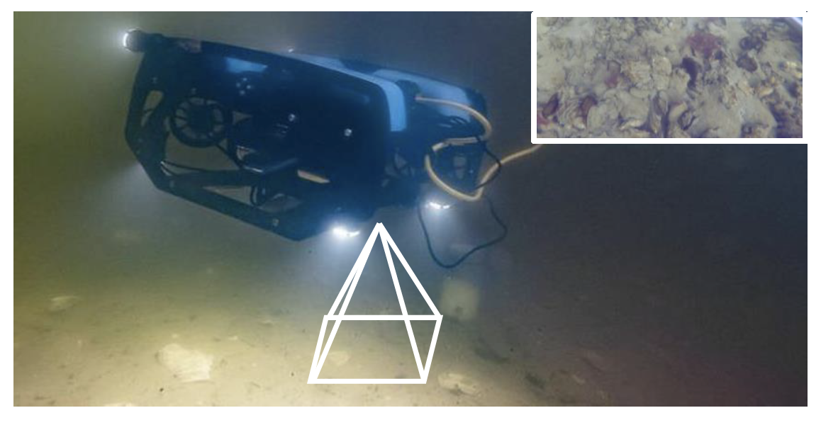 Here is the “BlueROV” robot collecting data for the real dataset. The inset shows a sample image captured, which is part of the real dataset. (Fig. 6 from the paper)