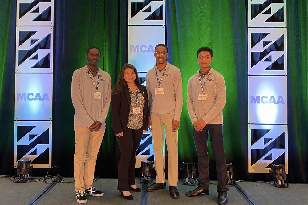 From left: UMD MCAMW student chapter members Gabriel Assan, Amaya Caggino, DeJuan Tinsley, and Christopher Nwoke attended the MCAA Great Futures Forum in September.