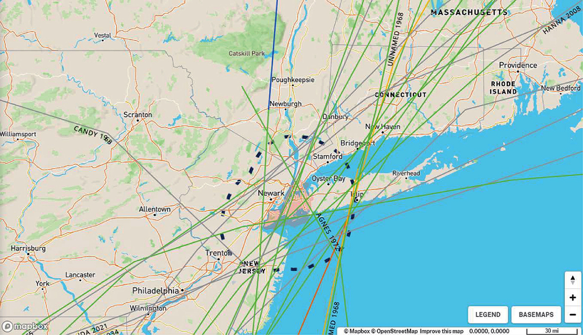 Historical tracks of hurricanes that struck New York City from 1902 to 2021. (Reproduced from https://coast-noaa-gov.proxy-um.researchport.umd.edu/hurricanes). (Fig. 7 from the paper; click for larger view)