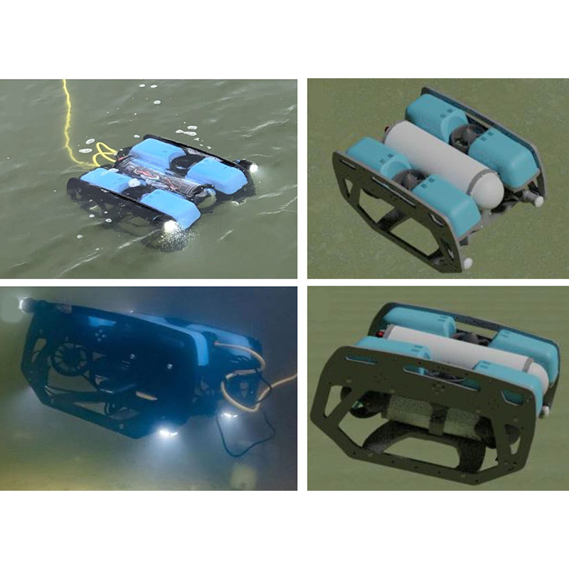 Top left: BlueROV in water. Top right: BlueROV simulated. Bottom left: Another view of BlueROV in water (note the different angle and rotation). Bottom right: The simulated BlueROV from this viewpoint. The 3D model in the simulation looks very similar to the real BlueROV. The relatively small size of objects in UAV-based images makes it possible for rendering datasets in SeaDroneSim, and to directly use the datasets for training a network to detect real objects. (Figure 3 from the paper.)