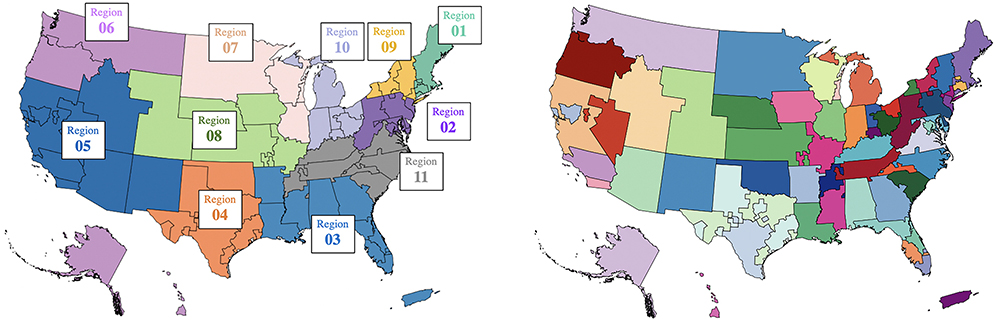 For the purposes of organ allocation, the United States is divided into 11 regions (left) comprising 58 donation service areas (right). Fig. 1 from the paper. [Click image for larger view]