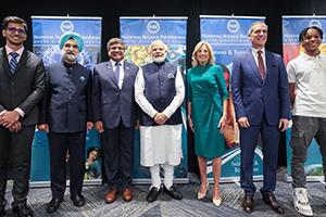 From left: UMD doctoral student Kaustubh Joshi, Indian Ambassador to the U.S. Taranjit Singh Sandhu, NSF Director Dr. Sethuraman Panchanathan, Indian Prime Minister Narendra Modi, First Lady of the United States Dr. Jill Biden, U.S. Ambassador to India Eric Garcetti, and other participants at the event. Credits: Official White House Photographer Erin Scott; NSF, Charlotte Geary; NSF, Brian Stone.