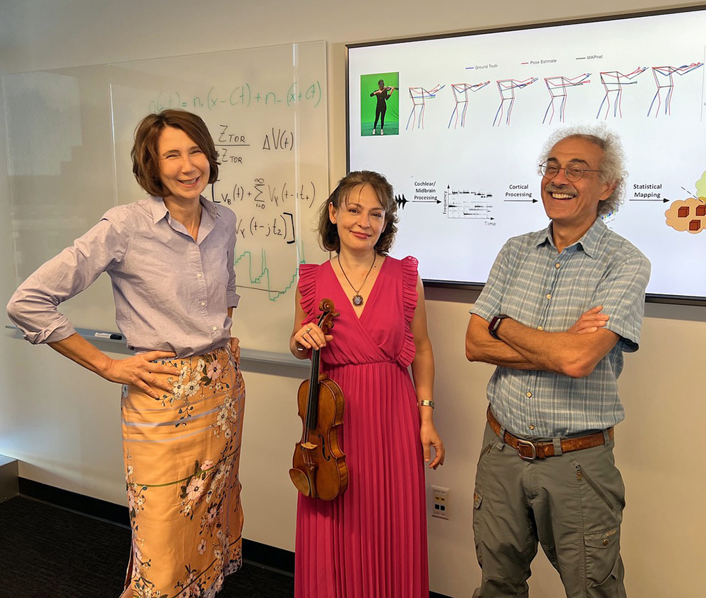 L-R: Cornelia Fermüller, Irina Muresanu, Shihab Shamma in the lab. Photo credit: Tom Ventsias, UMIACS.