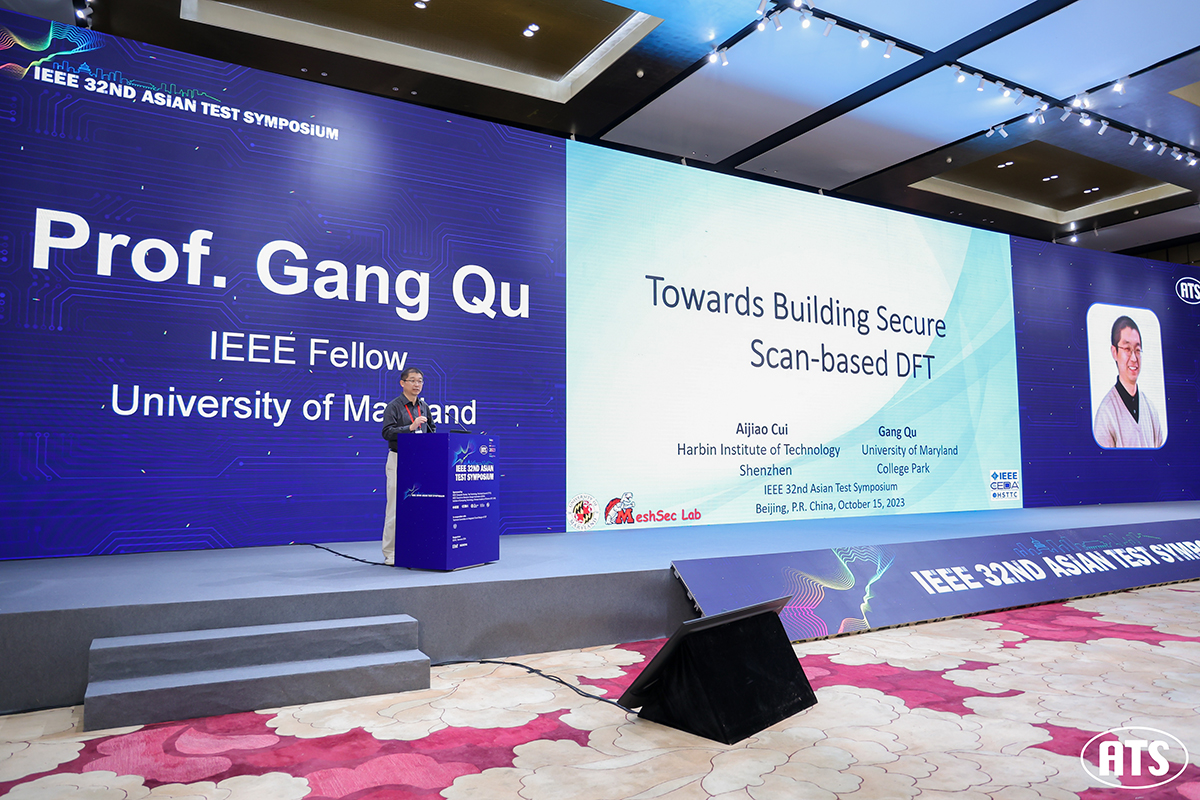 Gang Qu presenting the keynote address at the IEEE Asian Test Symposium. Photo credit: ATS. [Click the photo for a full-size image]