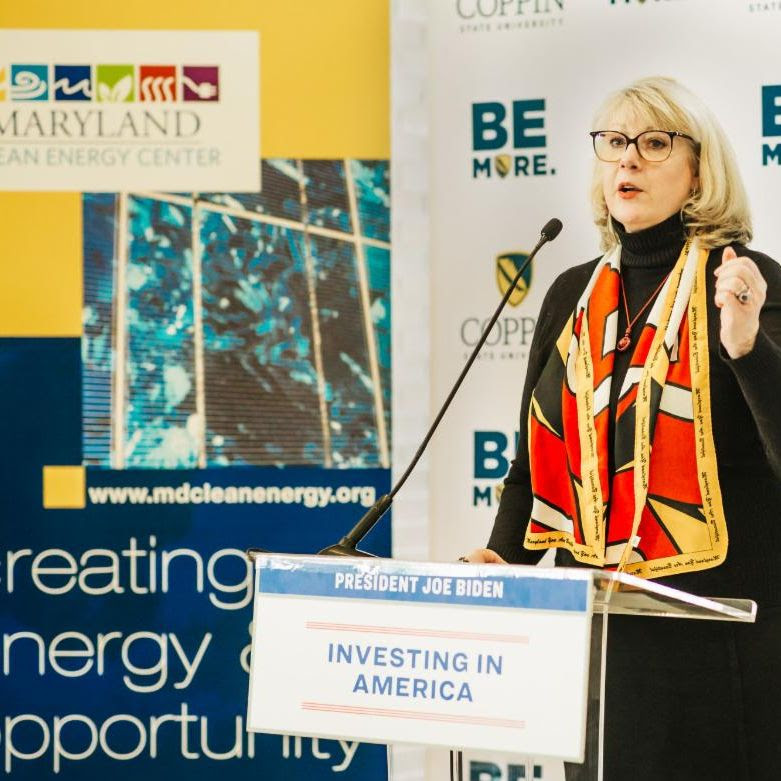 Executive Director, Katherine Magruder, at January 12 announcement for $15 million Charging and Fueling Infrastructure (CFI) grant to the Maryland Clean Energy Center.