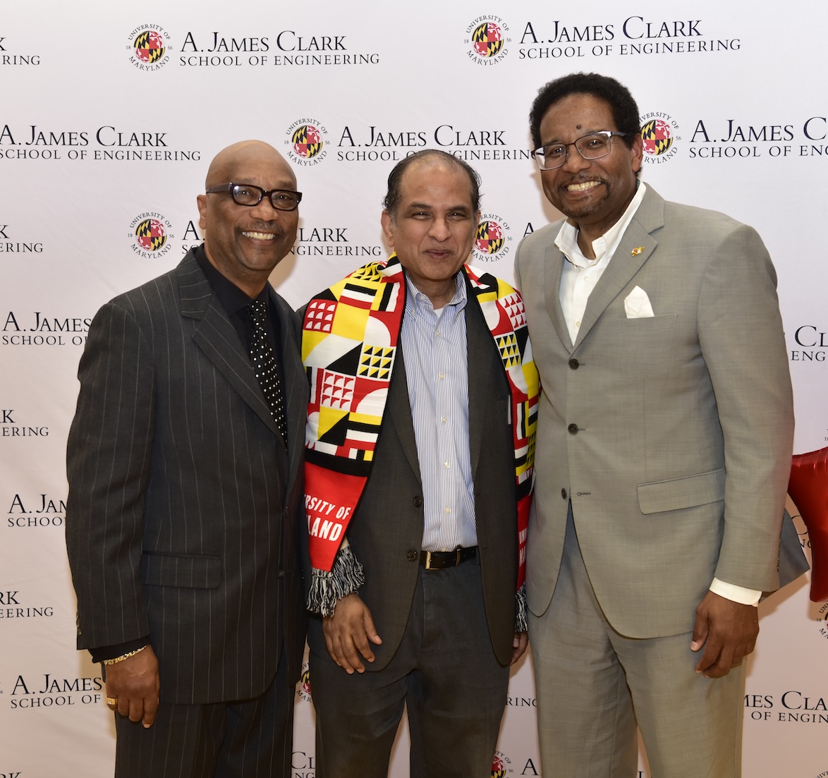 From left: UMD Mechanical Engineering Academic Advisor and Manager for Outreach and Recruitment, Fitzgerald Walker, former UMD Mechanical Engineering Chair Balakumar Balachandran, and UMD President Darryll Pines.