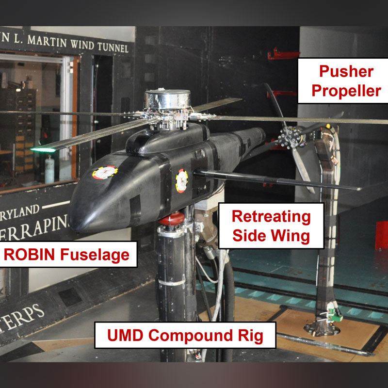 UMD’s compound helicopter rig in the Glenn L. Martin Wind Tunnel, the first university-led wind tunnel test of a lift and thrust compounded Mach-scaled rotor with a single wing.