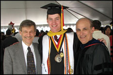 Chair and Distinguished University Professor of Mechanical Engineering Dr. Avram Bar-Cohen, graduating ME undergrad Steven Hoffenson, and Associate Professor David Bigio at the Kim Engineering Building Plaza reception for graduates and their families.