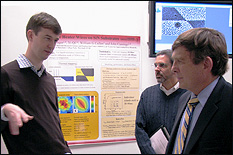 MSE Assistant Professor John Cumings (left) discusses the NISPLab's capabilities with Associate Vice President for Research Development Ken Gertz (center) and Vice President for Research Mel Bernstein (right).