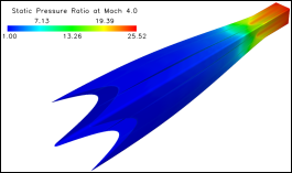 The above image shows a map of pressure on the internal surface of a conceptual Mach 6.0 Busemann inlet generated by Ramasubramanian.