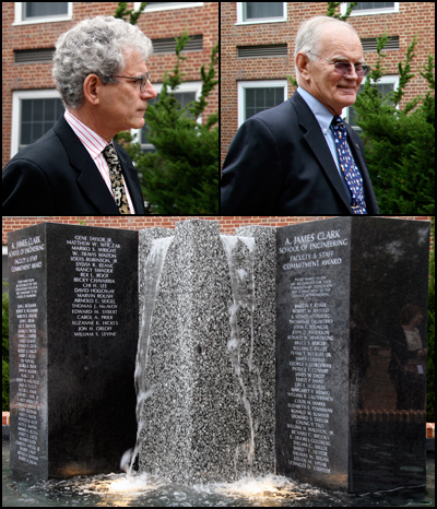 Bill Levine (L) and Tom McAvoy (R) at the ceremony. Below: the Faculty and Staff Commitment Award fountain outside the Glenn L. Martin Building.