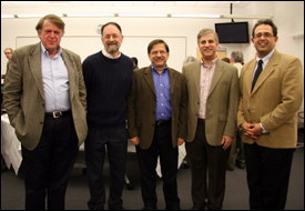 ISR's five directors attended the reception. Left to right (in order of their dates of service): Founding Director John Baras, Steve Marcus, Gary Rubloff, Eyad Abed, and current Director Reza Ghodssi.
