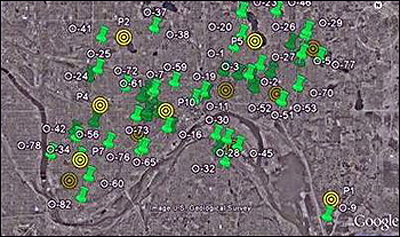 In this screen shot from the SCARE video demo, locations of church burglaries are indicated by green push pins. Yellow bullseyes are SCARE's predictions of the 