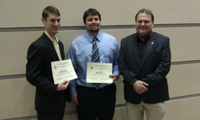 First Place Finishes at 2011 SAMPE Baltimore-Washington Regional Student Symposium at UMBC on February 9, 2011. From Left to Right: Mr. Andrew Becnel (G), Mr. Shane Boyer (UG), and Prof. Norman Wereley.