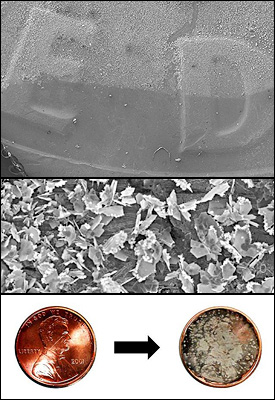 Top: The edge of the droplet of silver nitrate on a dime. The lighter area is where the galvanic displacement occurred, and silver crystals have grown.  Middle: Silver plates grow outward from the surface of a dime.  Many of the edges of these plates terminate in smaller, sharp features that greatly enhance the Raman scattering signal. Bottom: Micro- and nanoscale silver crystals grow in a matter of minutes on the surface of a penny using a simple, single step reaction. These crystalline structures are capable of significantly enhancing the Raman scattering signal from molecules that adsorb to the surface of the crystals.  The portability of the coins coupled with the simplicity of the reaction make the possibility of remote, field use of surface enhanced Raman scattering (SERS) a distinct possibility.