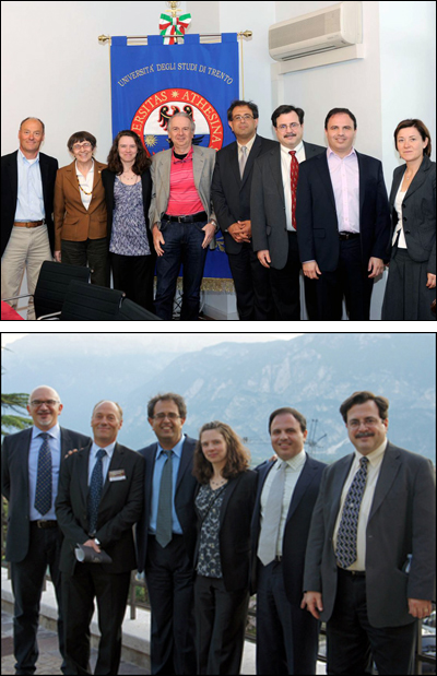 Photos from the May 2011 meeting in the Autonomous Province of Trento  

Top photo, left to right: Mariano Anderle, Autonomous Province of Trento Director of International Relations; Carla Locatelli, University of Trento Vice Rector for International Studies and Research; Pamela Abshire, ISR Professor; Davide Bassi, University of Trento Rector; Reza Ghodssi, ISR Director and Professor; Jeff Coriale, ISR Director of External Relations; Peter Kofinas, UMD Professor; Laura Paternoster, University of Trento Head, International Cooperation and Mobility Division  
Bottom photo, left to right: Alberto Lui, Autonomous Province of Trento International Relations Department; Mariano Anderle; Reza Ghodssi; Pamela Abshire; Peter Kofinas; Jeff Coriale