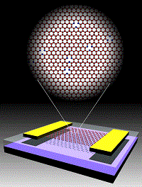 Schematic of a graphene transistor showing graphene (red), gold electrodes (yellow), silicon dioxide (clear) and silicon substrate (black). Inset shows the graphene lattice with vacancy defects. Vacancies (missing atoms) are shown surrounded by blue carbon atoms. Graphic by Jianhao Chen and Michael S. Fuhrer, University of Maryland.
