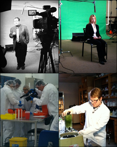 Clockwise from top left: Professor Reza Ghodssi, Postdoctoral Researcher Ekaterina A. Pomerantseva, Research Assistant Adam Brown, filming in the clean room environment of the Fab Lab.