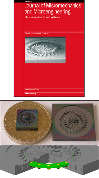 Above: The research is the cover article of the June 2013 Journal of Micromechanics and Microengineering. Below: Photographs of both the 5 mm and 10 mm devices with a British Pound coin for scale (top), and a cutaway view of the device showing the retainer ring (bottom).