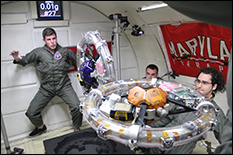 RINGS achieved the first and only successful demonstration of EMFF in full six degrees of freedom to date. Pictured, graduate student Dustin Alinger (left) and RINGS on board NASA's reduced gravity airplane. (Link to hi-res image)