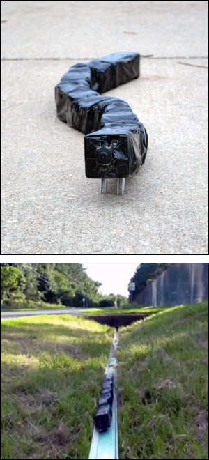 Above: R2G2 moves on a concrete surface. Below: The robot can travel up inclines, here on a narrow track barely wider than R2G2 itself.