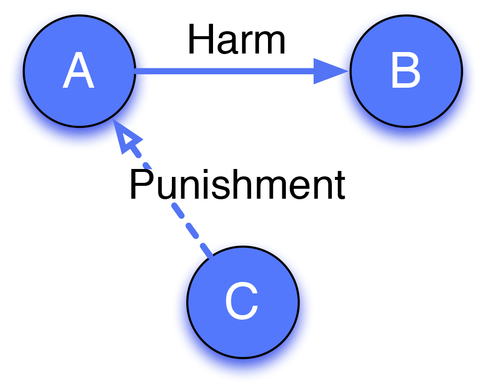 Third-party punishment: A harms B, but is punished by C, an uninvolved third party.