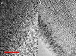 Transmission electron microscopy images of pristine graphite (left) and expanded graphite (right). The scale bar is 10 nanometers.