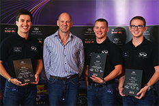 Eric LaRoche (B.S., '14), second from right, secures a 12-month dream job with Infiniti Red Bull Racing.Photo courtesy of Infiniti Red Bull Racing.