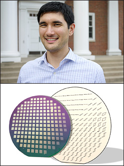 Above: Sean Fackler. Below: In a search for rare-earth free permanent magnets, Fackler and the Takeuchi Group fabricate combinatorial libraries in which iron, cobalt and vanadium compositions vary over a 3 inch silicon wafer. The actual combinatorial wafer is in front and behind it are the magnetic hysteresis loops superimposed over each sample position. One can easily find the areas of interesting magnetic properties based on the wide shape of the hysteresis loops. This combinatorial method allows rapid exploration of new materials making discovery and application in commercial markets faster.