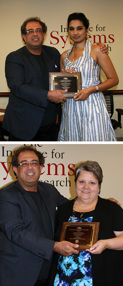 Sowmya Subramanian (top photo) and Dawn Wheeler receive their awards from ISR Director Reza Ghodssi.