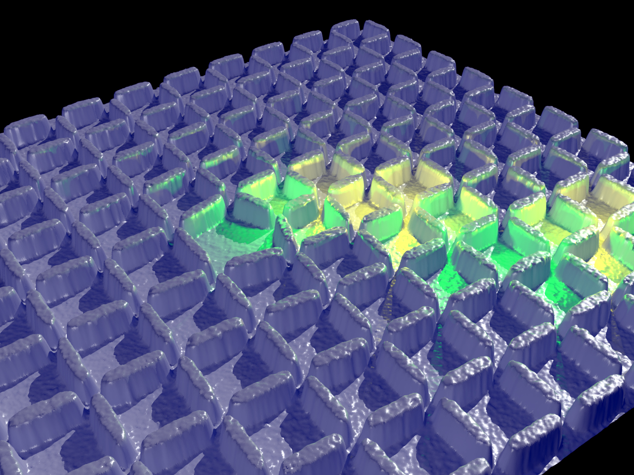 Artist's rendering of artificial spin ice containing a topological defect.  The defect causes ‘frustration,’ which produces a kink in the ground state, illuminated above in green and yellow.