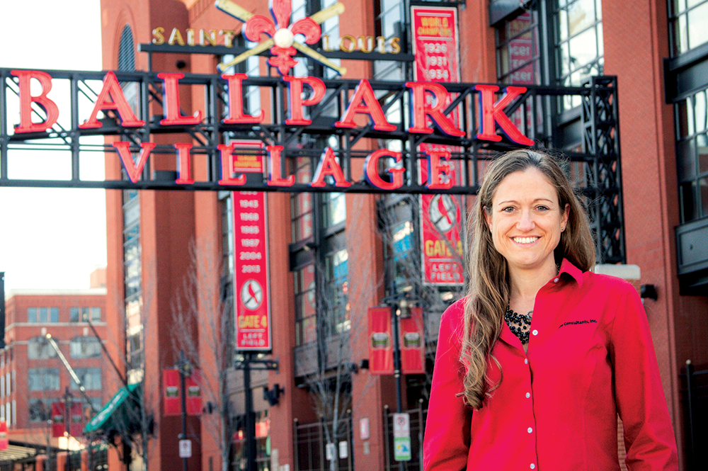 Murdock in front of Ballpark Village in St. Louis, Mo., one of Code Consultants Inc.'s projects. Photo by Resa Troyer.