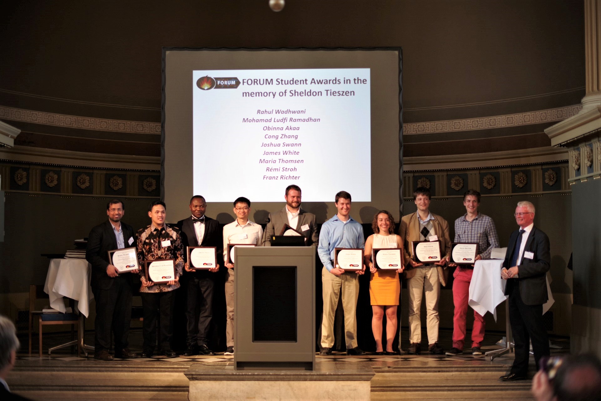 Students recognized with the FORUM Sheldon Tieszen Student Awards. UMD students recognized include Cong Zhang (4th from left), Joshua Swann (5th from left) and Dr. James White (6th from left). Photo credit: Michael Strömgren.